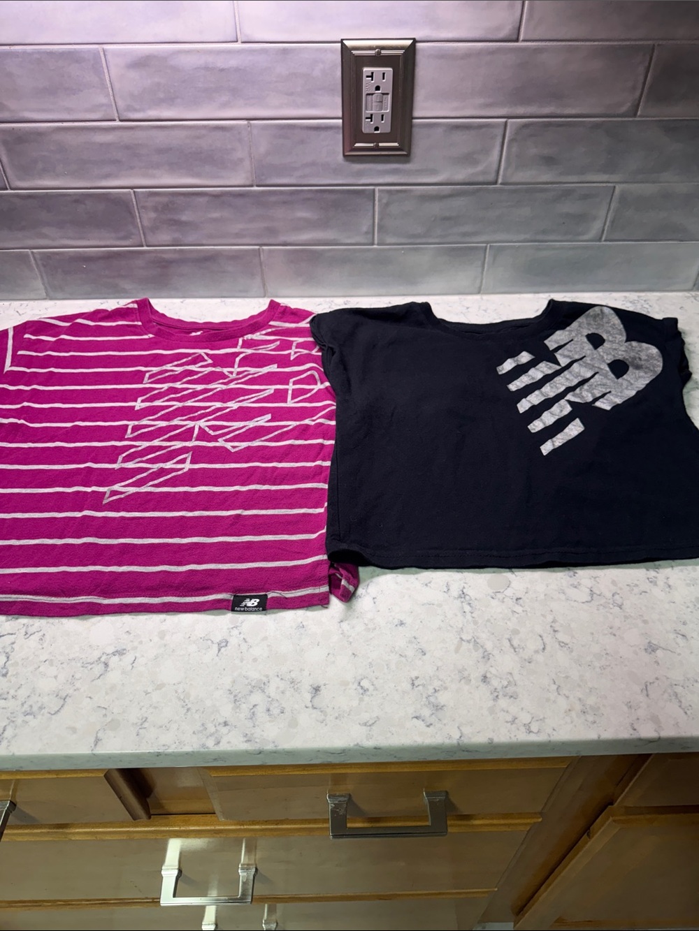 New Balance Girls' Pink Striped Crop Top & Black Logo Tee Set size 14/16